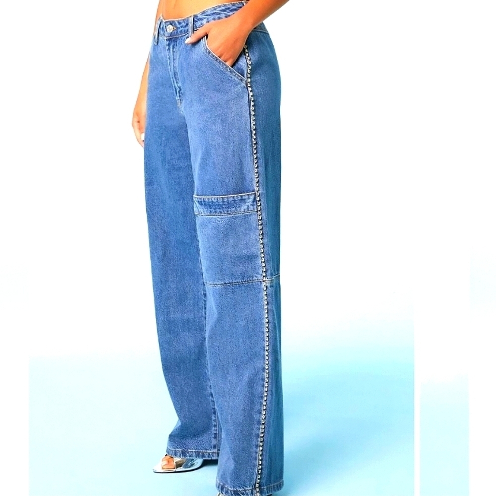 Forever 21 Rhinestones Trim Cargo Baggy Jeans Straight Leg High Rise, Size 26
